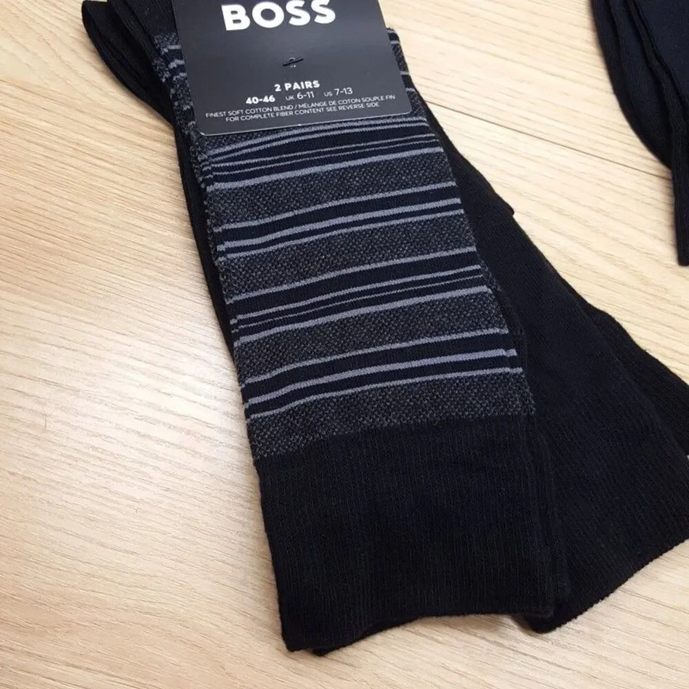 HUGO BOSS Crew Dress Socks Mens 4-Pair Solid Black Stripe Cotton Blend 2-Pack x2